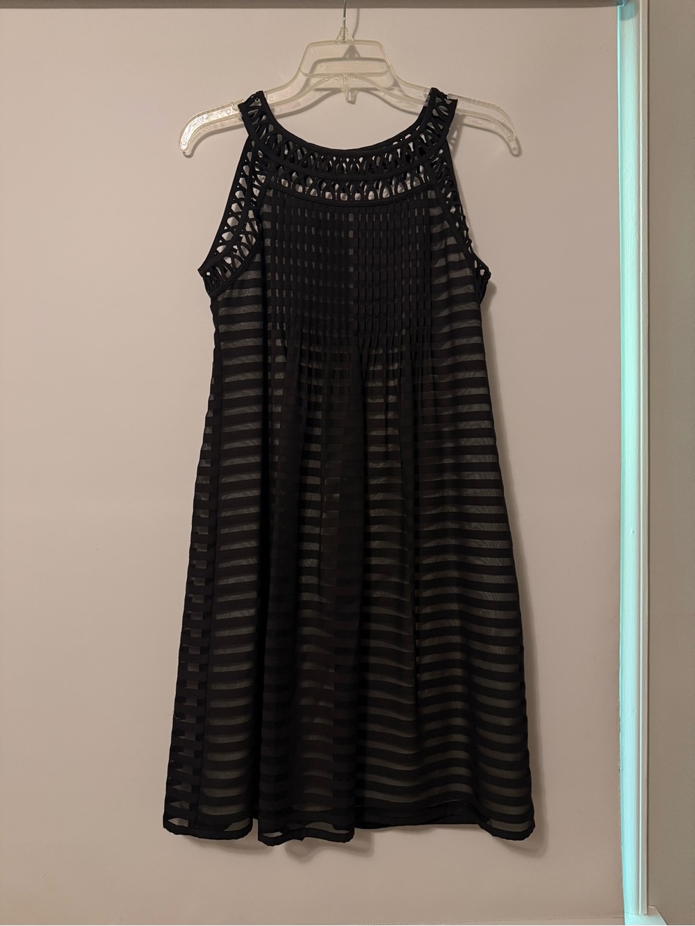 Cynthia Steffe Black Crochet Yoke Striped Overlay Dress